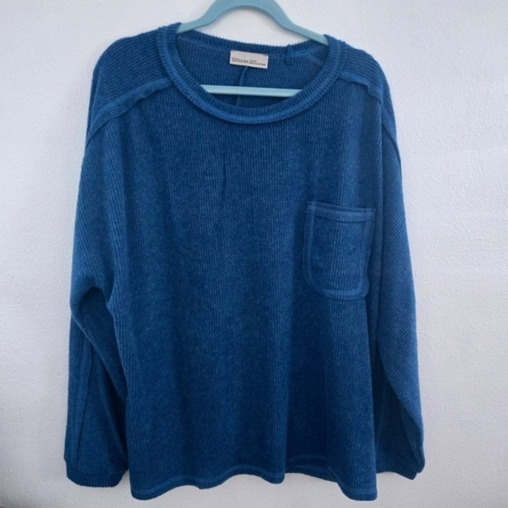 Zenana Blue Ribbed Long Sleeve Pocket Top Oversized Crew Neck  2X/3X HT-2221X5